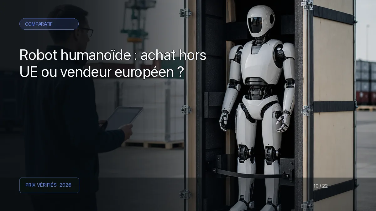 Robot humanoïde transporté dans une caisse technique sur un terminal logistique