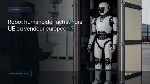 Robot humanoïde transporté dans une caisse technique sur un terminal logistique