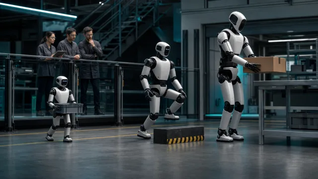 Trois robots humanoïdes de tailles différentes dans un studio d'analyse des prix