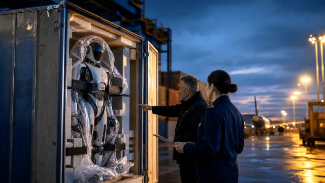 Robot humanoïde transporté dans une caisse technique sur un terminal logistique