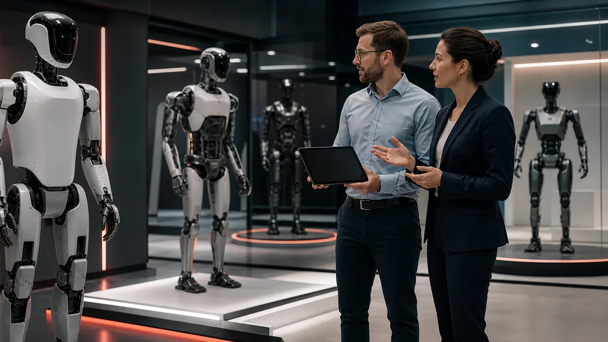 Trois robots humanoïdes de tailles différentes dans un studio d'analyse des prix