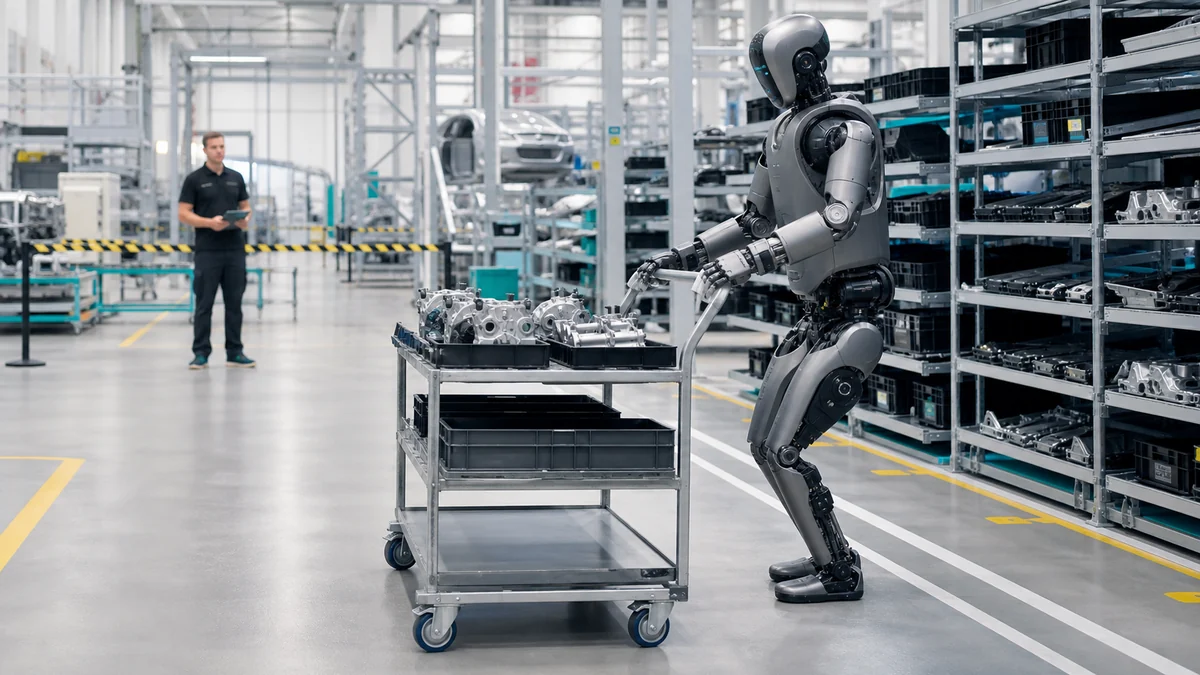 Illustration éditoriale d’un humanoïde industriel et d’un chariot de composants dans une usine