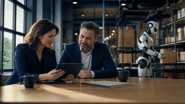 Robot humanoïde au centre d’une réunion de budget avec contrat et calculatrice