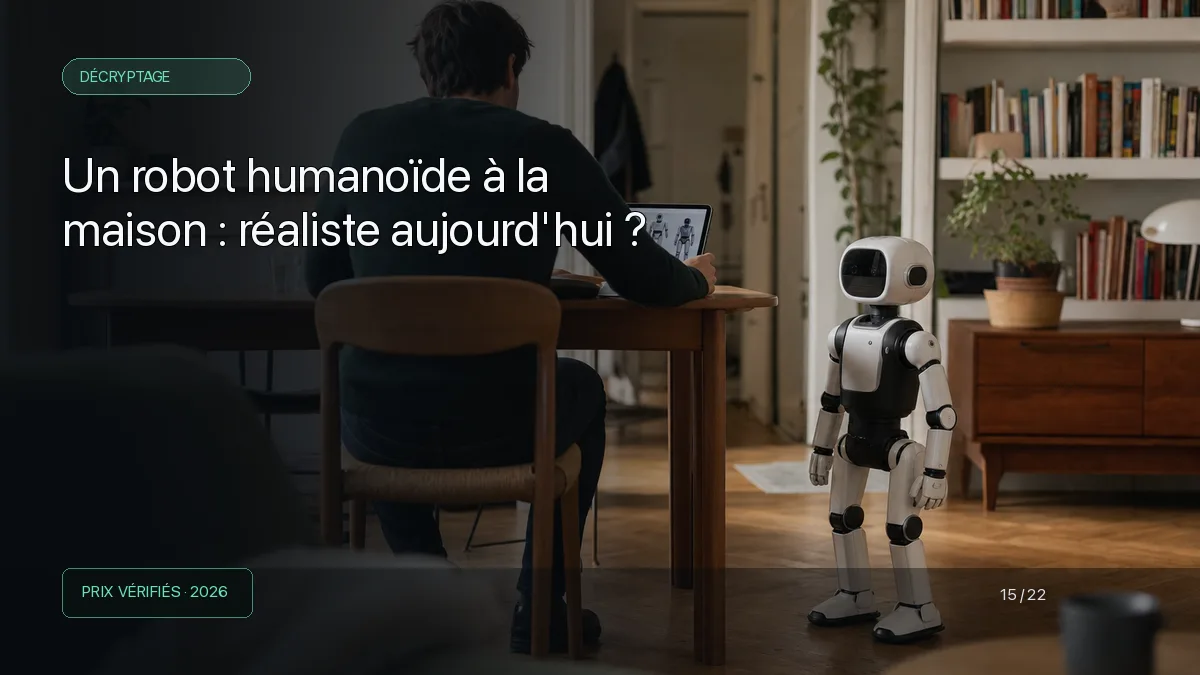 Robot humanoïde compact dans un appartement pendant une comparaison d'achat